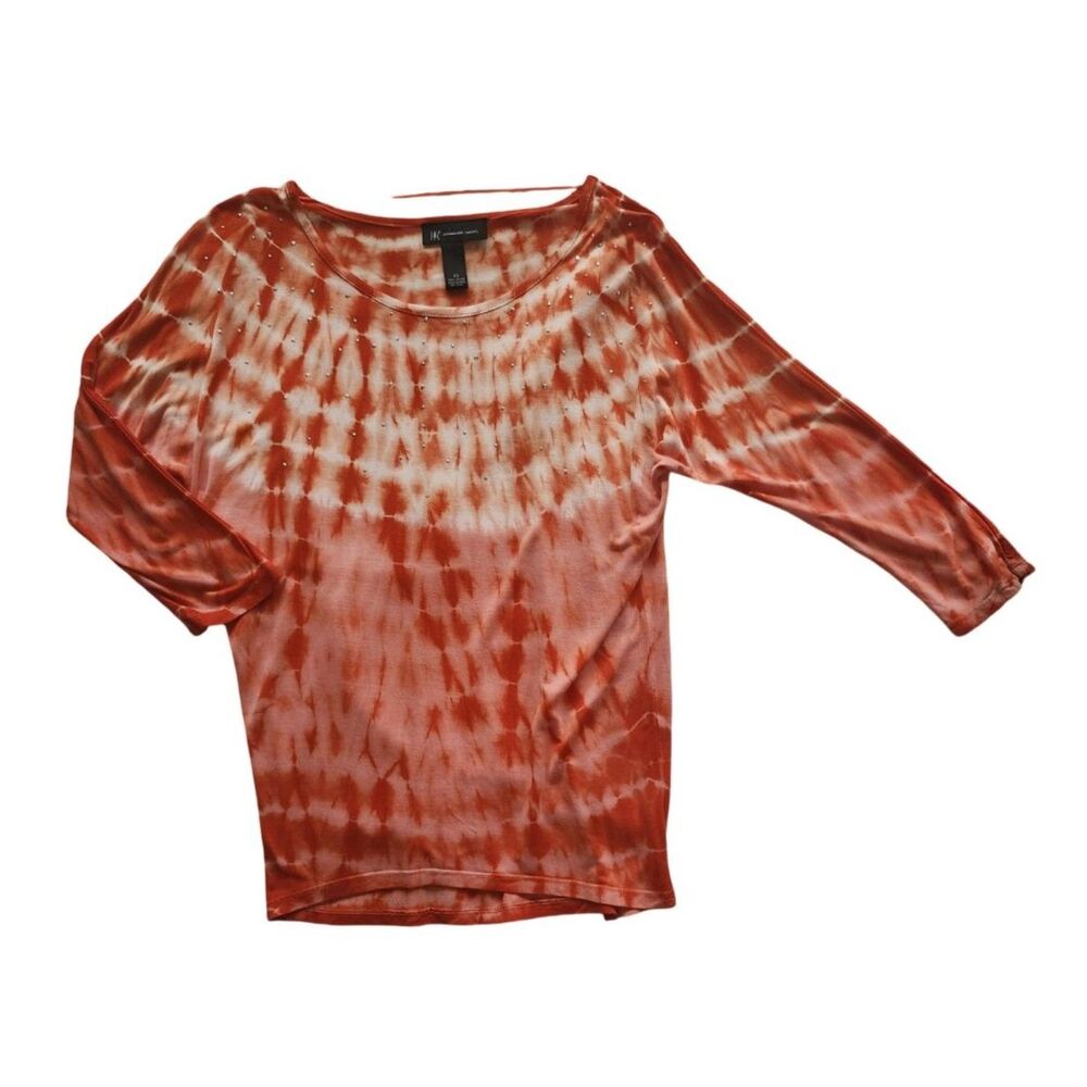 INC International Concepts Coral Orange Tie Dye Rhinestone Top - Picture 3 of 7
